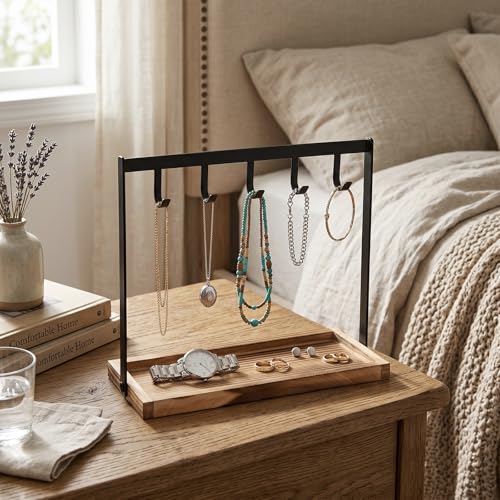 MyGift Black Metal Entryway Key Holder with 5 Hooks and Burnt Wood Base, Tabletop Necklace and Jewelry Organizer Rack with Ring Tray - color: Burnt Wood