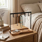 MyGift Black Metal Entryway Key Holder with 5 Hooks and Burnt Wood Base, Tabletop Necklace and Jewelry Organizer Rack with Ring Tray - color: Burnt Wood