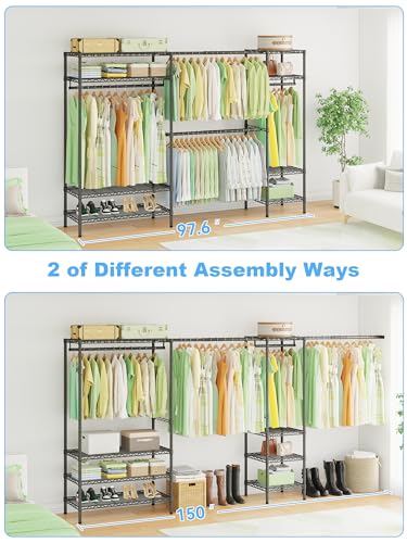 Ulif E11 Heavy-Duty Garment Rack, Metal Freestanding Clothes Rack and Closet Storage Organizer System with 8 Shelves and 4 Hanger Rods, (73.2-97.6)" W x 14.5" D x 71.2" H, Load 1034 LBS, Black - color: Black