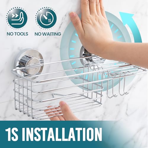 TAILI Shower Caddy Suction Cup, 3 Pack Shelves for Inside with Hooks & Soap holder Toothbrush Cups, Removable Bathroom Organizer, Rustproof Silver Holder Storage-Silver - style: 3×Silver