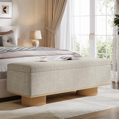 Tribesigns 50.39" Storage Bench with Padded Seat Cushion, Upholstered Shoe Bench with Flip Up Storage for Bedroom, Living Room, Entryway, Load up to 330 lb, Beige + Wood Color