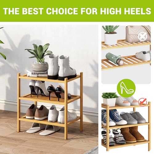 BMOSU 3-Tier Bamboo Small Shoe Rack Premium Stackable Shoe Shelf Storage Organizer for Hallway Closet Living Room Entryway Organizer(Natural) - color: Natural, size: Small-3-Tier（17*11*18.3inches）