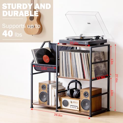 Uieke Record Player Stand with Vinyl Storage, 3-Tier Large Capacity Vinyl Record Storage Cabinet for 300+ Albums, Media Table with Vinyl Display Shelf & Turntable Stand for Living Room - size: 28.8"L x 11.9"W x 27.6"H