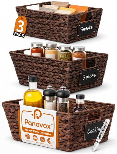 Pantry Organizers and Storage, Water Hyacinth Storage Baskets for Shelves, Brown Baskets for Organizing, Pantry Baskets with Chalkboard Labels and Marker - color: Brown