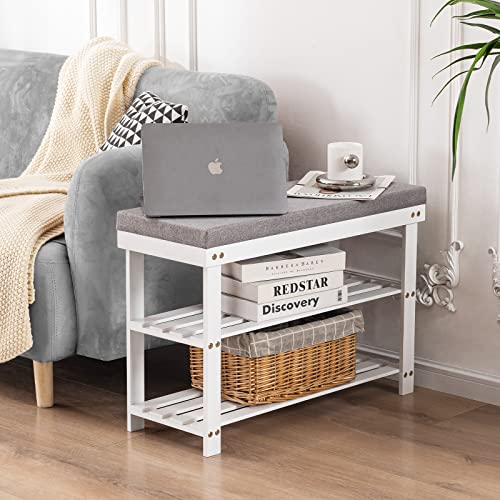 Apicizon 3-Tier Shoe Rack for Entryway, Bamboo Shoe Bench with Cushion Padded Seat, Small Shoe Organizer with Storage for Indoor Entrance Hallway Bedroom Living Room, White - color: White, size: 27.6 Inches With Cushion