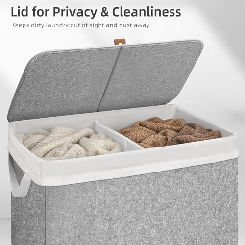 STORAGE MANIAC Double Laundry Hamper with Lid, 140L Tall Metal Frame Laundry Baskets with Removeable Bag, Large Clothes Hamper with PU Tag, Laundry Bin for Dorm, Collage, Bathroom, Bedroom, Gray - size: 2 Section