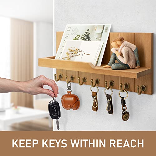 Rebee Vision Decorative Key Holder for Wall Shelf - Farmhouse Wood Wall Hanging Mail Organizer with 7 Sturdy Key Hooks for Home Entryway Decor - Stylish Key Racks (Light Brown,15-inch) - color: Light Brown, size: 15-inch