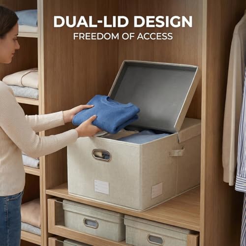 PRANDOM Storage Bins with Lids [3-Pack] Linen Fabric Foldable Storage Boxes Organizer Containers Baskets Cube with Cover for Bedroom Closet Office Beige (23.4X15.9X11.4) - color: Beige, size: XL(3-Pack)