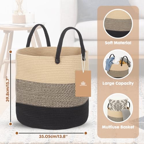 ShellKingdom Laundry Basket, Natural Rope Woven Storage Basket with Handles for Home, Living Room, Laundry, Storage Organizer for Blankets, Clothes, Plant, Toys, 15.7 x 13.8 INCH (3-Toned Khaki Black) - color: 3-Toned Khaki Black, size: 38L