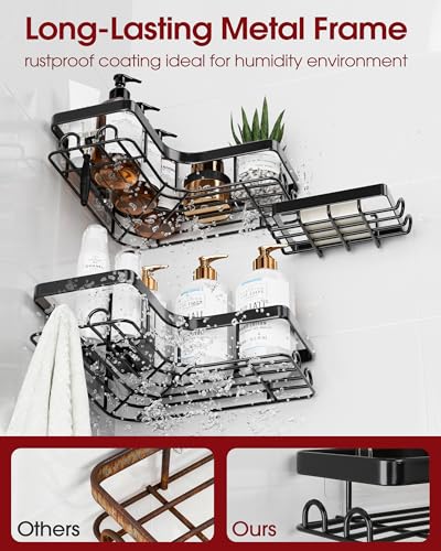 Sakugi Corner Shower Caddy - 3-Pack Shower Organizer with Soap Holder & Built-In Hooks, Rustproof Metal Shower Shelves, Laundry, Kitchen, Bathroom Organizers and Storage Solution, Large, Black - color: Black, size: Large - 3 Packs