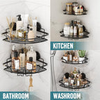 TAILI Powerful Suction Cup Corner Shower Caddy 2 Pack, Stainless Steel Rustproof Shower Shelf with Hook, Drill-free Wall Mounted Basket, Large Capacity Removable Suction Cup Bathroom Organizer, Black - style: Corner Caddy, Black