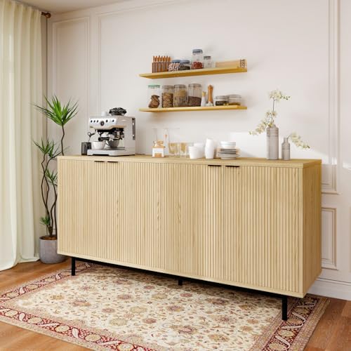MUUEGM Buffet Cabinet with Storage, 58" Fluted Sideboard Kitchen Storage Cabinets with Shelves and 4 Doors, Modern Wood buffets & Sideboards for Dinging Room, Living Room, Natural Storage Cabinet - color: Natural