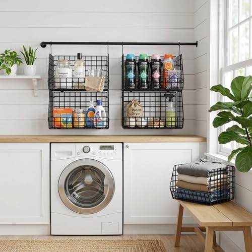 5 Tier Metal Hanging Closet Organizer with 2 Extra Tall Storage Baskets & 3 Standard Wire Baskets, Heavy Duty Foldable Closet Organizer with Protective Liners for Sweaters, Jeans, Handbags, Tower