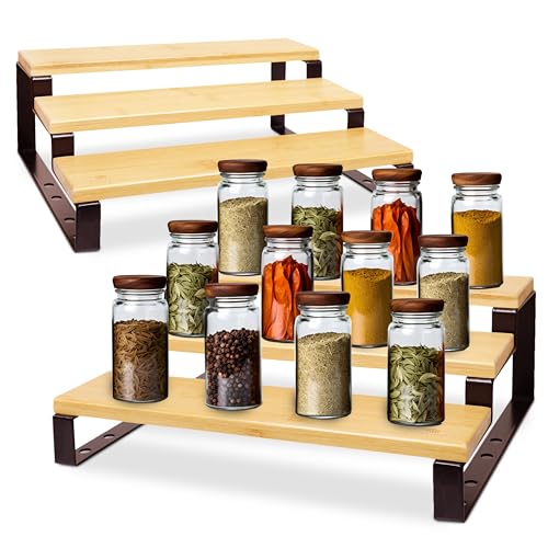 RoyalHouse Bamboo and Metal Expandable Spice Rack Organizer, Cabinet Shelf Organizers, 3-Tier Adjustable Kitchen Cabinet, Countertop Display Shelf, Space Organizer for Kitchen and Bathroom - color: Bamboo and Metal Spice Rack Pack of 1