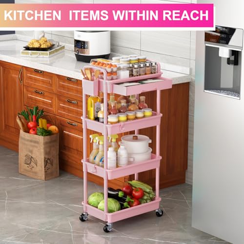Goovilla 4 Tier Rolling Utility Cart Organizer with Removable Drawer, Stable and Sturdy Pink Rolling Storage Carts with 2 Lockable Wheels for Bathroom, Kitchen, Snack, Craft, Makeup, Baby Essentials - size: 4 Tier, style: Pink