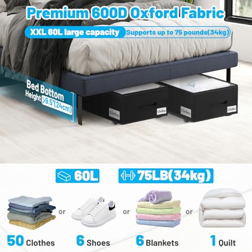 Under Bed Storage with Wheels, 2-Pack 10" Height XXL 60L Rolling Storage Bins, Quick Assembly Underbed Shoe Storage Containers with Clear Lid & Label, Dorm Under Bed Drawers for Clothes, Shoes, Black - color: Black-2 Pack, size: 10 Inch Tall - Clear Lid