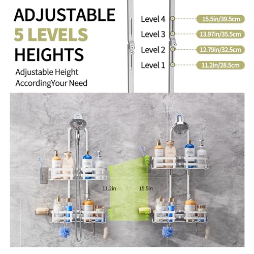 GAOKASE Aluminum Shower Caddy Hanging, Never Rust Shower Organizer- 4 Levels with adjustable Height 10 Hooks for Razor/Sponge - Rack with Soap Basket (Silver) - color: Silver