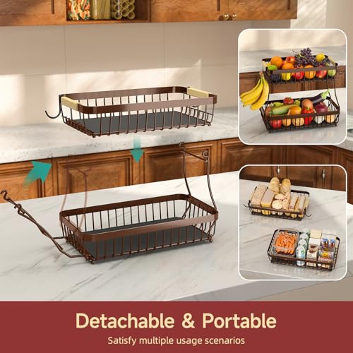 Sevenblue 2 Tier Large Fruit Basket for Kitchen Counter with 2 Mobile Banana Hangers, 2026 Pro Detachable Metal Fruit Bowl with Wooden Handle (Brown, 2 Tier Extra Large) - color: Brown, size: 2 Tier Extra Large