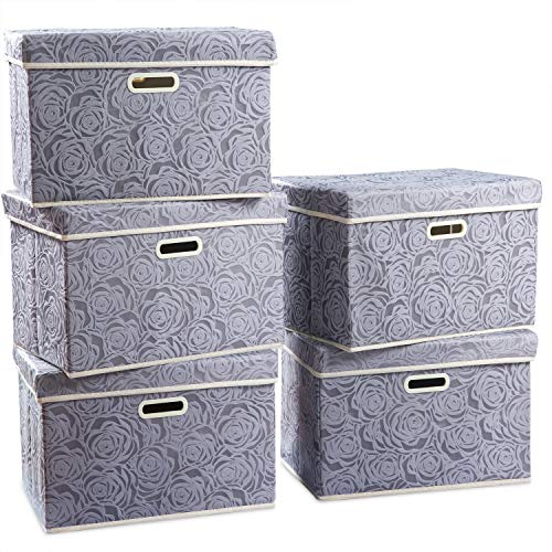 PRANDOM Large Storage Boxes with Lids [5-Pack] Fabric Decorative Storage Bins Cubes Organizer Containers Baskets with Handles for Closet Grey 17.5x11.8x11.8 In For 6+ Year Old Boys and Girls - color: Gray, size: Large(5-Pack)