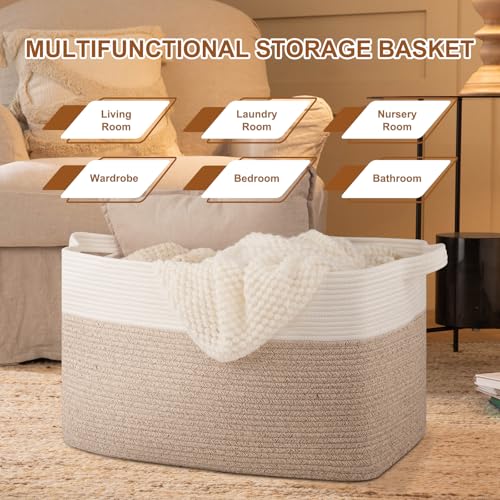 Extra Large Laundry Basket, 95L Blanket Basket for Living Room, Cotton Rope Toy Storage for Kids, Woven Baskets for Clothes, Towels, Pillows, 24" x 17" x 14", Brown and White (Pack of 2) - color: Brown & White, size: 24"x16.9"x14.2" (Pack of 2)
