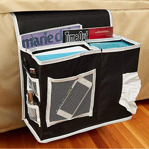WSLCN Oxford Bed Pockets Portable Remote Control Bedside Storage Caddy Hanging Organizer Bag with 6 Pockets Bed Sofa Organizer for Magazine Tissue Phone Black - color: Black