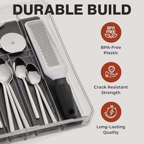 Masirs Expandable Utensil Drawer Organizer - BPA-Free Plastic Clear Silverware Tray with Multiple Compartments - Non-Slip Cutlery Storage for Kitchen, Bathroom, or Office Drawers (Black) - color: Clear / Black