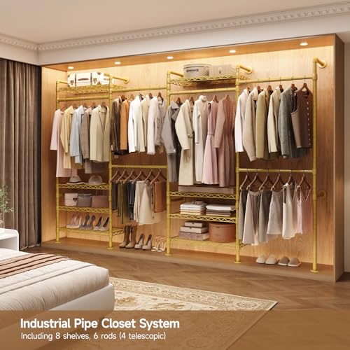 ComfyCorner Wall Mounted Garment Rack, Industrial Pipe Metal Clothing Rack with 6 Hanging Rods (4 Expandable) & 8 Shelves, Closet Organizers and Storage System for Bedroom, Walk in Closet - color: Gold