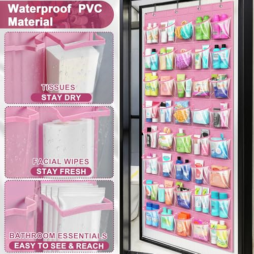 Over the Door Shoe Organizer with 40 Clear PVC Pockets – Waterproof Hanging Shoe Holder for Closet & Bathroom – Space-Saving Door Shoe Rack for Shoes, Toys, Toiletries & Snacks(Pink) - color: Pink