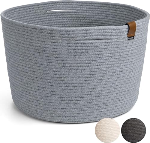 DENJA & CO Large Blanket Basket for Living Room - Decorative Woven Baskets for Storage | Cotton Rope Large Baskets for Blankets, Pillows, Toys, or Laundry | Light Gray (17.7" Wide x 11.4" Tall) - color: Light Grey, size: Large (17.7"W x 11.4"H)