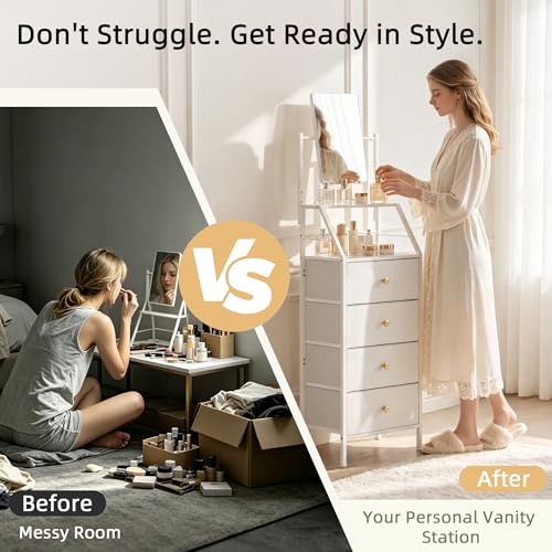 HIGDBFE 4-Drawer Dresser with Mirror, Vanity with 2-Tier Shelves, Fabric Chest of Drawers for Small Space, Vertical Storage Cabinet for Bedroom, Nightstand Bedside Table Furniture, White, 15.3" W - color: White