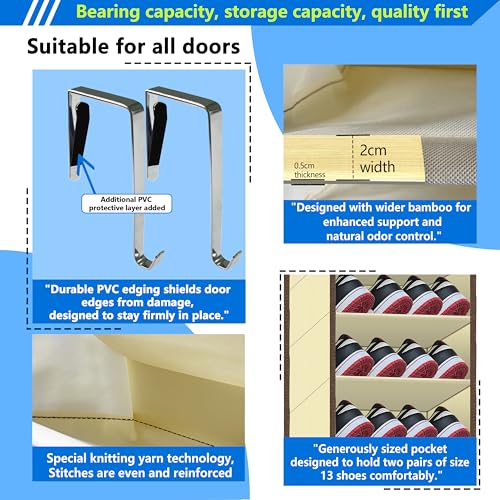 Over The Door Shoe Organizer, 70 Pounds Large Capacity, 20-30-Pair shoe organizer, Heavy Duty-Extra Deep Pockets ,Anti-Scratch Hooks & FSC-Certified Bamboo ,Engineered for Men’s Size 13 shoe,Beige - color: Beige