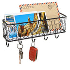 MyGift Wall Mounted Metal Entryway Mail Holder and Key Organizer Rack with 5 Hooks, Decorative Storage Basket and Hanger Hooks for Keys, Lanyard, Keychain, Light Coat