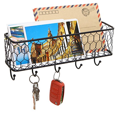 MyGift Wall Mounted Metal Entryway Mail Holder and Key Organizer Rack with 5 Hooks, Decorative Storage Basket and Hanger Hooks for Keys, Lanyard, Keychain, Light Coat