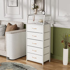 Furnulem White Dresser with 5 Drawers, Vertical Storage Tower Fabric Dresser for Bedroom, Hallway, Entryway, Nursery, Closet Organizer, Nightstand Bedside Table Furniture, Sturdy Steel Frame, Wood Top - color: White, style: 5 Drawers