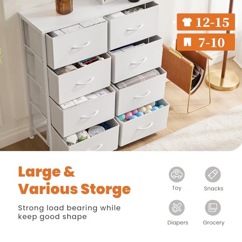 Sweetcrispy Dresser for Bedroom, Chest Organizer Unit with 8 Fabric Bins, Fabric Storage Tower, Drawer Organizer with Steel Frame, Wooden Top for Living Room, Closet - color: White, size: 31.5"D x 11.8"W x 36.4"H (8 Drawers)