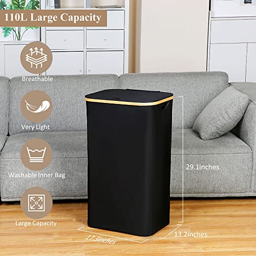 iEGrow Laundry Hamper with Lid, 110L Large Laundry Basket with Handle, Collapsible Clothes Basket Organizer with Removable 2 Inner Bag for Clothes Toys Towels - Black - color: Black, size: 111L