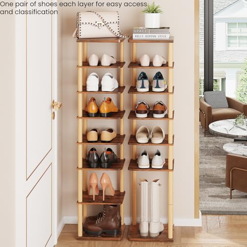 LUCKNOCK Vertical Shoe Rack, 8-Tier Tall Narrow Shoe Organizer for Entryway, Closet, Dorm & Small Spaces, Freestanding Wooden Shoe Shelf Tower for Boots, Sneakers, Heels. (Rustic Brown) - color: Rustic Brown