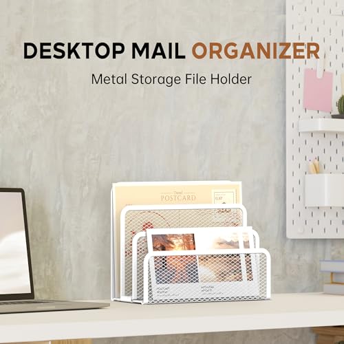 SUPEASY Mail Organizer for Desk, Mesh Metal Mail Holder Countertop with 3-Slot, Letter Sorter File Holder, Office Envelope Organizer for Mails (White) - color: White