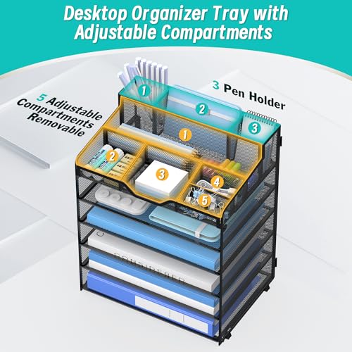 6 Tier Mesh Desk Organizer,Multi Functional Letter Paper Tray with 3 Pen Holders and 5 Adjustable Storage Compartments for Office Supplies Files and Mail Space Saving Desktop Organizer-Black - color: 6 Tier-black