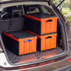 VEVOR Plastic Collapsible Storage Bins with Lids, 45L 3Packs, Stackable Folding Storage Crates with Handles, Holds 44 lbs Per Bin, Heavy Duty Containers, Space-Saving Baskets, for Home Organizing - size: 45L-Orange-3PC