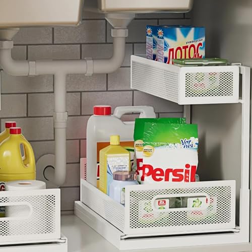 Undersink Organizers 2-Tier Under Cabinet Pull Out Storage with Sliding Out Drawers, Under the Sink Organizer for Bathroom Kitchen Durable Rack Shelf Space-Saving Organization, White 1 Pack - color: White, size: 1Pack