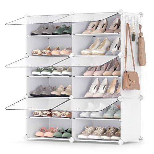 SONGMICS Shoe Rack Organizer, 6-Tier Shoe Storage Cabinet for Closet and Entryway, Holds 24 Pairs of Shoes, Adjustable, Cloud White and Trasparent ULPC033W01 - color: Cloud White + Trasparent, size: 6 Cubes