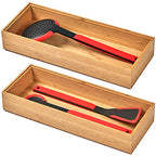 Umilife Bamboo Kitchen Drawer Organizer Boxes with Anti-Skid Silicone Feet, 2pcs Stackable Storage Bins for Kitchen Utensils & Silverware & Desk Drawer & Makeup, Tools Holder, 15”L x 6”W x 2.5”D Each - size: 15 x 6 x 2.5" (Stackable, Set of 2)