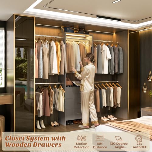 Aheaplus Closet System with Motion-Sensing Light, 3 Wooden Drawers and 4 Hanging Rods, Customizable Walk-in Closet Organizer with 3CCT LED, Heavy Duty Garment Rack for Bedroom,Grey - color: Grey, size: With Light