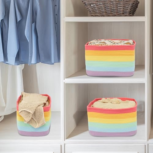 XUANGUO 3-Pack Rainbow Storage Baskets 15X10X9.3“ – Woven Toy Organizer Bins for Kids, Baby Room, Nursery, and Classroom – Cute Square Rope Baskets for Shelves and Organization Rainbow - color: Rainbow red
