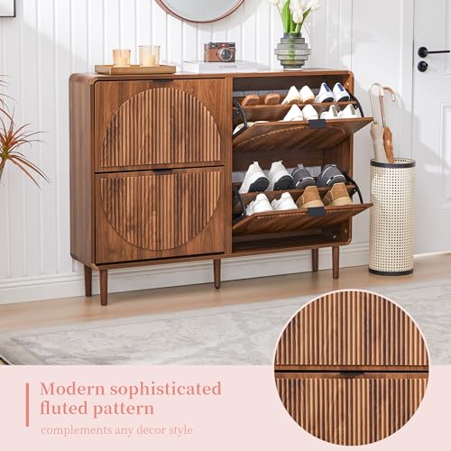 Shoe Cabinet Storage for Entryway, Fluted Shoe Cabinet with 4 Flip Drawers, Mid-Century Modern Hidden Shoe Rack, Freestanding Shoe Storage Organizer for Hallway, Living Room, Foyer, Walnut - color: Walnut-4 Flip Drawers