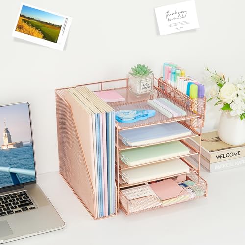 Desk Organizer, 5-Tier Paper Letter Tray Organizer with File Holder, Drawer and Pen Holder, Desktop Organizer for Office Supplies, Rose Gold - color: Rose Gold