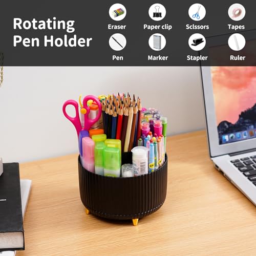 Marbrasse Desk Organizer, 360-Degree Rotating Pen Holder, Desk Organizers and Accessories with 5 Compartments Pencil Holder, Art Supply Storage Box Caddy for Office, Home (Black) - color: Black