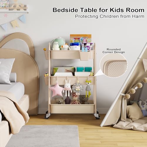 Beige 3 Tier Rolling Cart Metal on Wheels, Three Tiered Storage Organizer Utility Trolley with Wheels for Art, Craft, Baby Diaper Caddy, Snack, Book, Nail, Lash, Cleaning Supplies, Kitchen, Bathroom - color: Light Beige, size: 3 Tier+Cups+Hooks