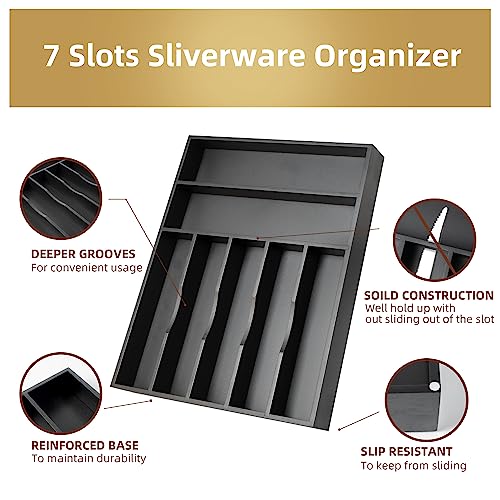 Besilord Silverware Organizer Kitchen Drawer Organizer Utensil Organizer Bamboo Silverware Holder Cutlery Organizer in Drawer Flatware Organizer Tray(7 slots, Black - color: Black, size: 7 Slots